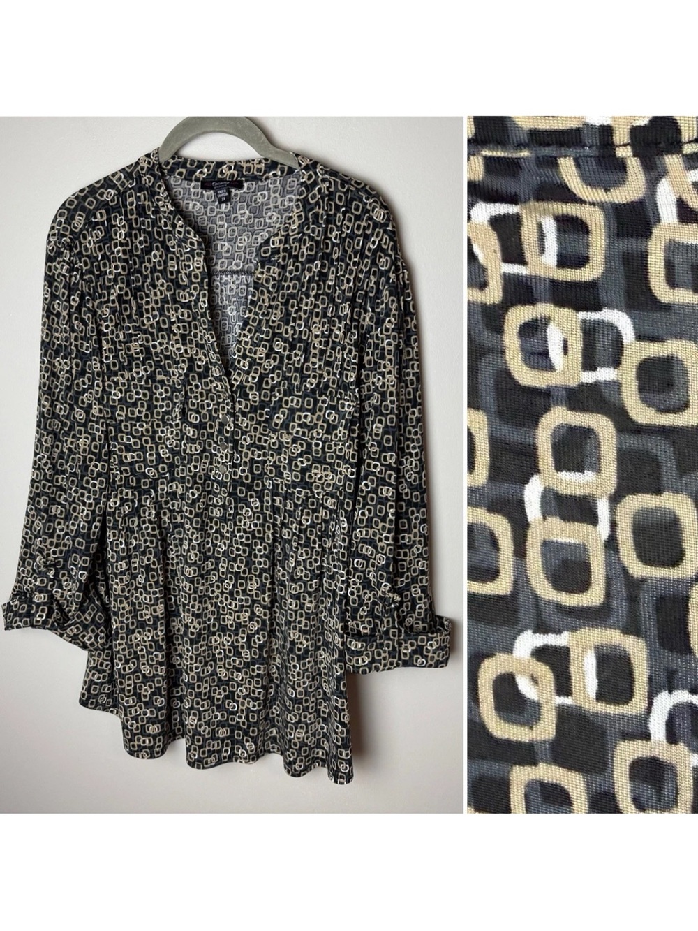 Cocomo Tunic Top Plus Size 2X 3/4 Roll-Tab Sleeves Stretch Black Gray Tan White